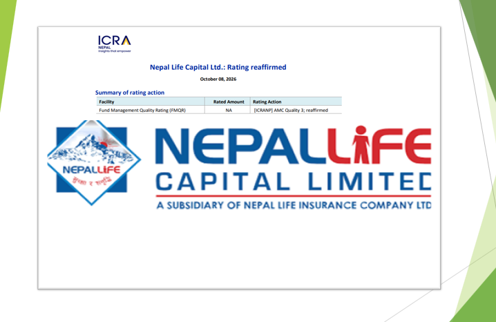 नेपाल लाइफ क्यापिटलको फन्ड व्यवस्थापन गुणस्तर रेटिङ ‘एएमसी क्वालिटी ३’ 